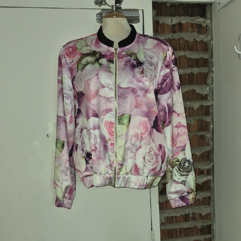 IMNYC Bomber style Jacket Blazer Floral Front Zip Size L Large